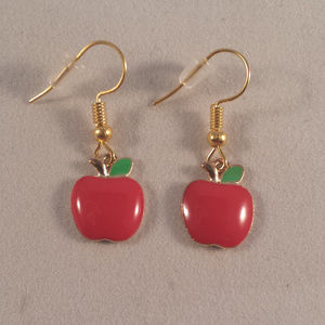 Gold Red Apple Dangle Earrings New Handpainted Festive Party Gift